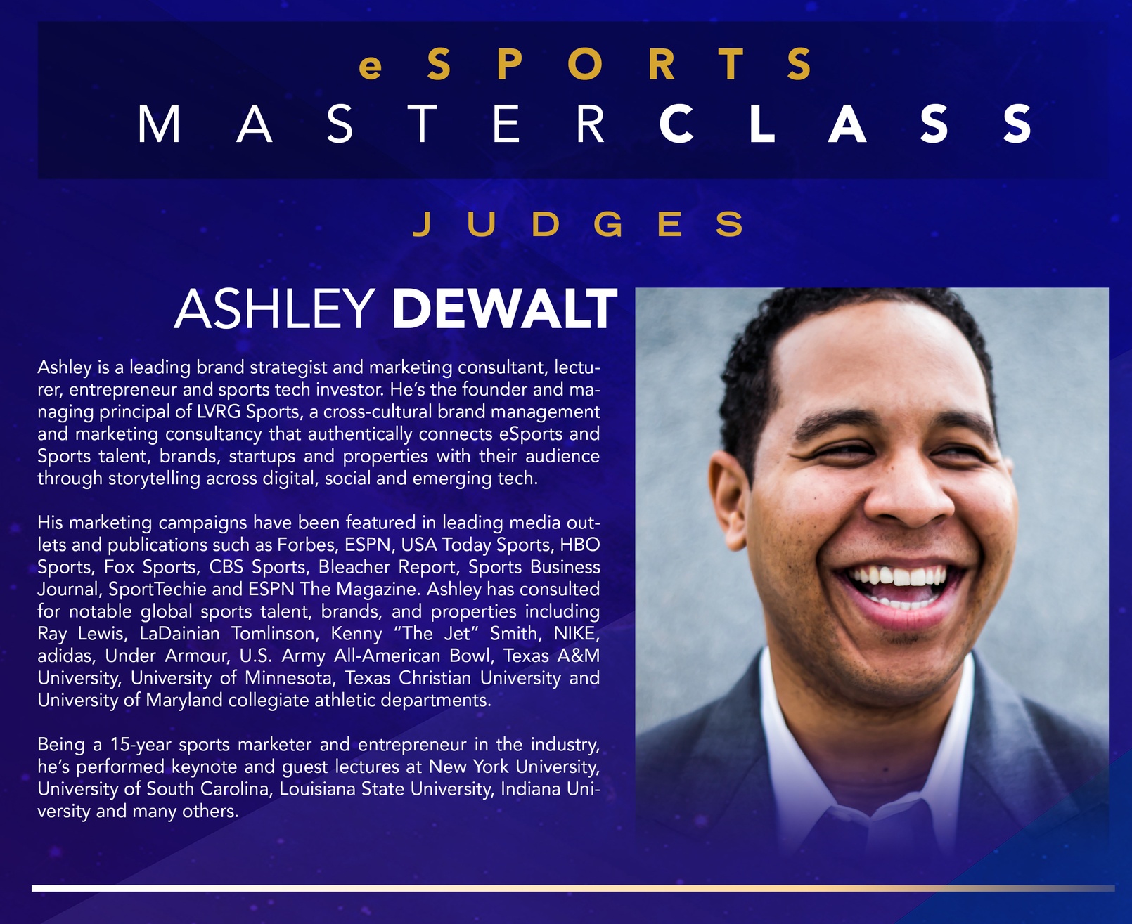 Screenshot of flier promoting Professor DeWalt as a masterclass judge.