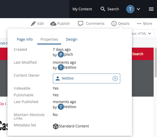 Page asset Details: Properties panel