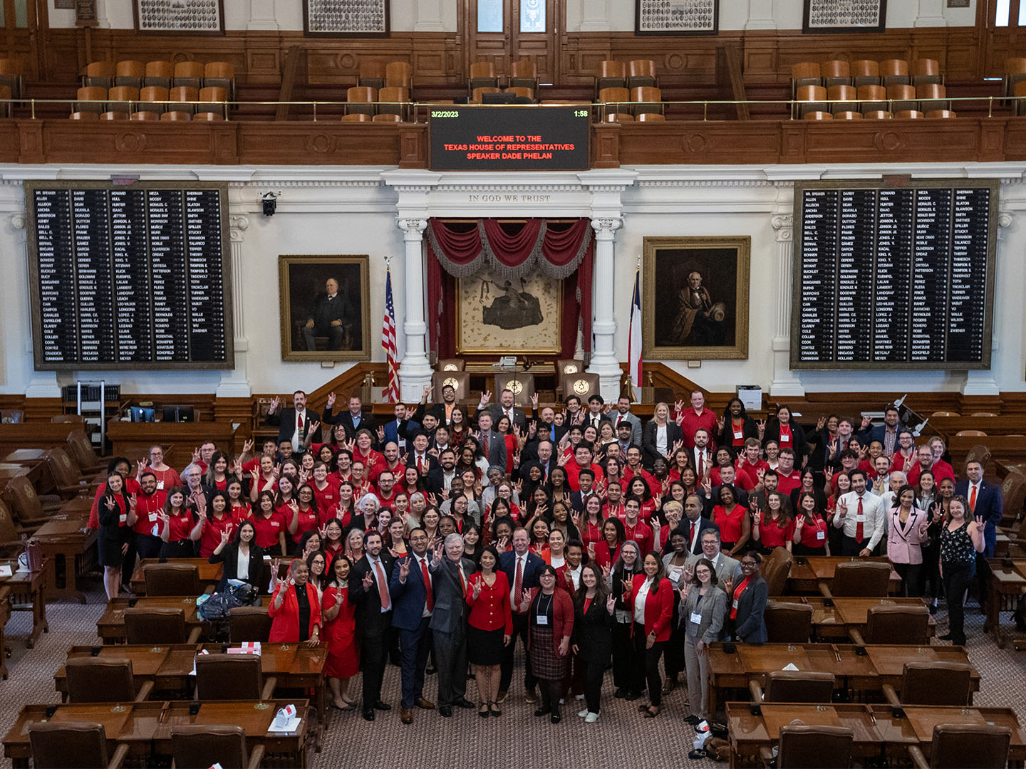 Group photo of UH students and leaders in the Texas capitol building