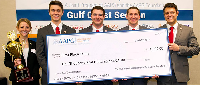 The winning UH team, from left: Delaney Robinson (Ph.D.), Walter Reed (M.S.), Eric Lunn (Ph.D., Team Captain), Andrew Steier (M.S.), and Leiser Silva (M.S.). The dataset they presented was the Taranaki basin, New Zealand.