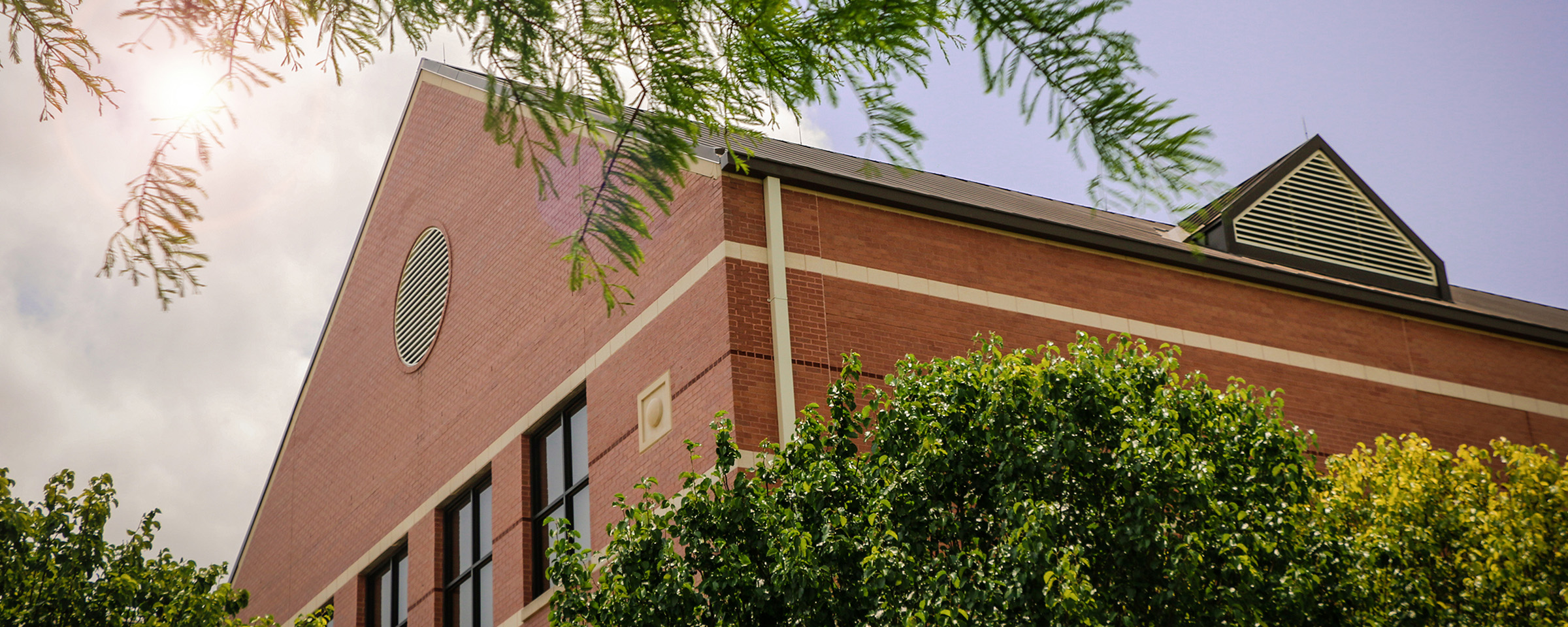 Trees in front of a large brick building