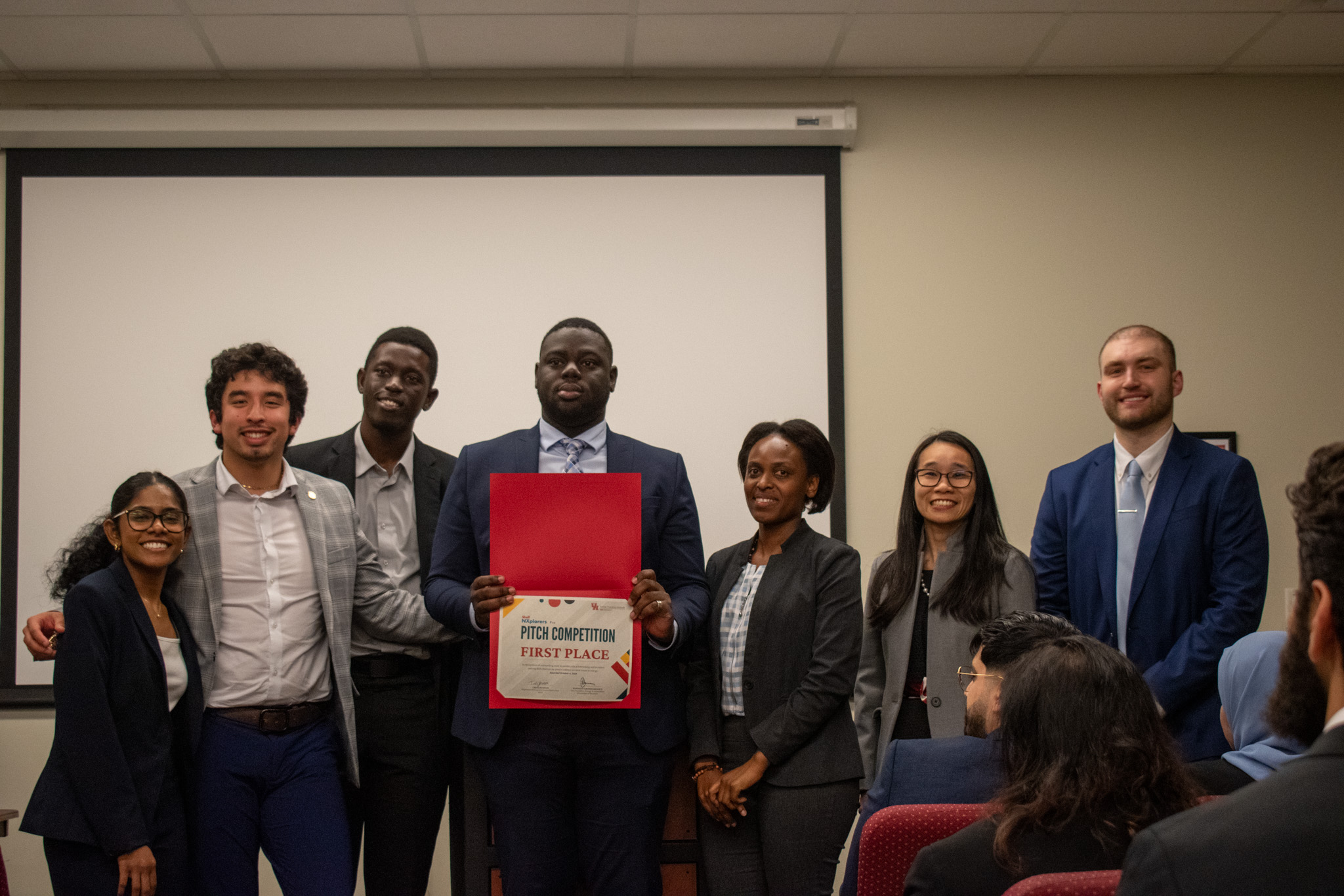 First place winners, team Platinum Frontier Energy. The team included Kamaldeen Haruna, Kenneth Kusima, Benise Niyikiza, Nidhi Gongati, Josh Hall, and Gerardo Angulo